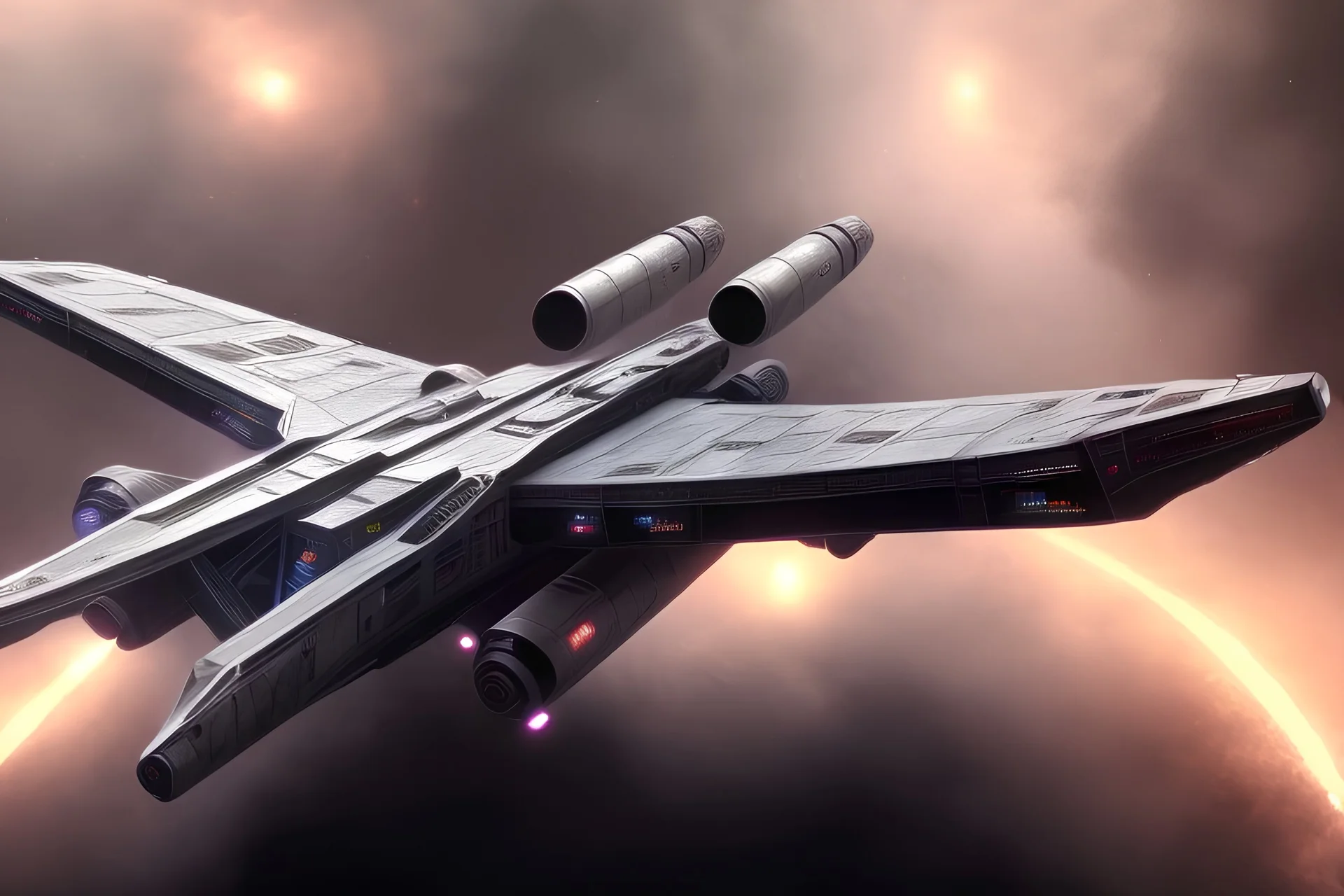 Lambda-class T-4a, Imperial shuttle in space, epic, celestial, cinematic lighting, dark, moody, god rays, 4k resolution, smooth details, ornate details, sky background.