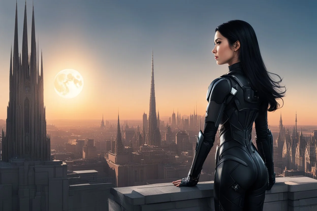 A slim Woman With Black shoulder length hair, Wearing an android-looking suit, standing sideways On a ledge of a building, with a moon Behind Her Head, towering spires and buildings highlighted by the setting sun