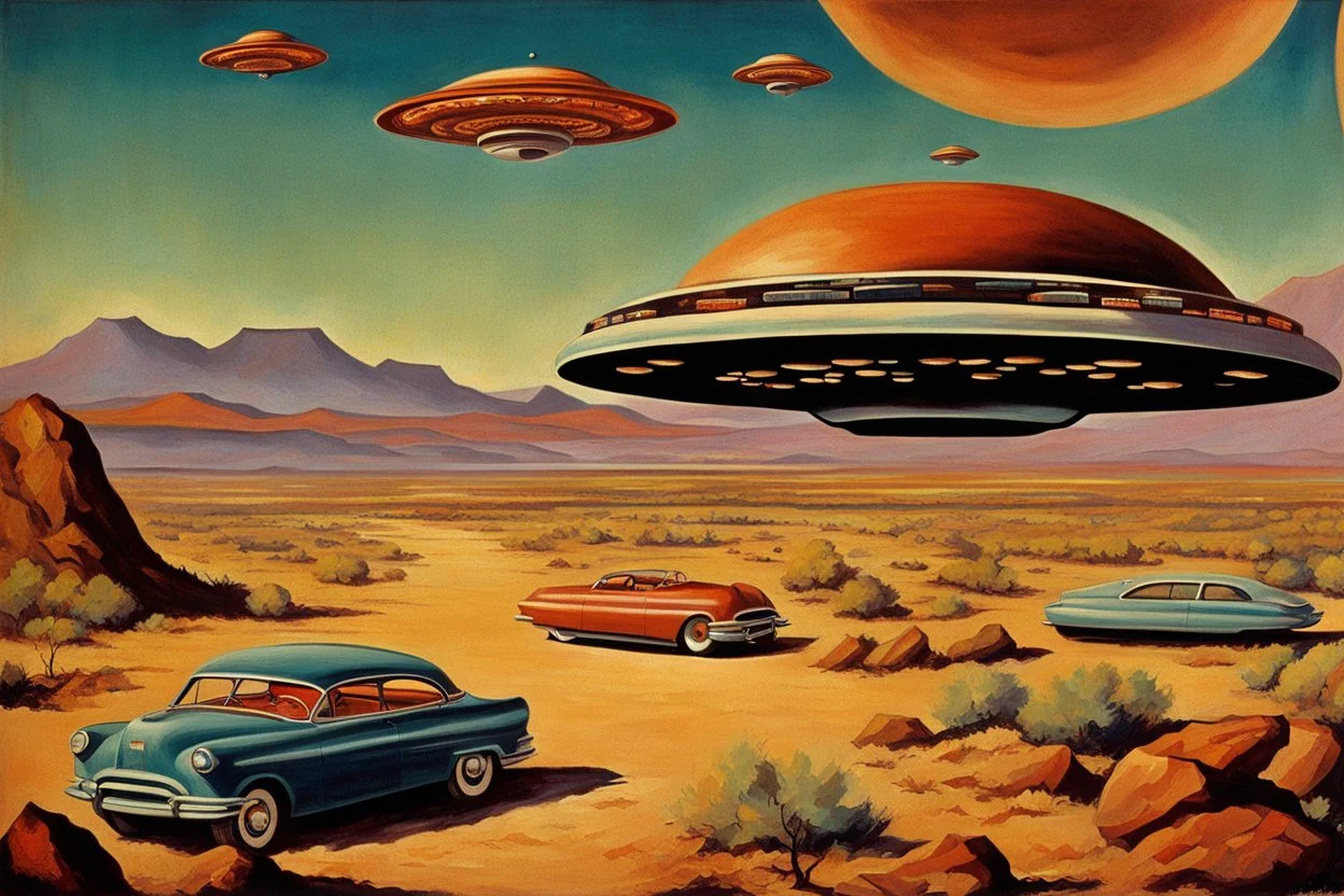 retrofuturism landscape with ufo in the sky, mountains, cars, rocks, 1950's sci-fi movies influence, henry luyten and ludwig dettman impressionism paintings