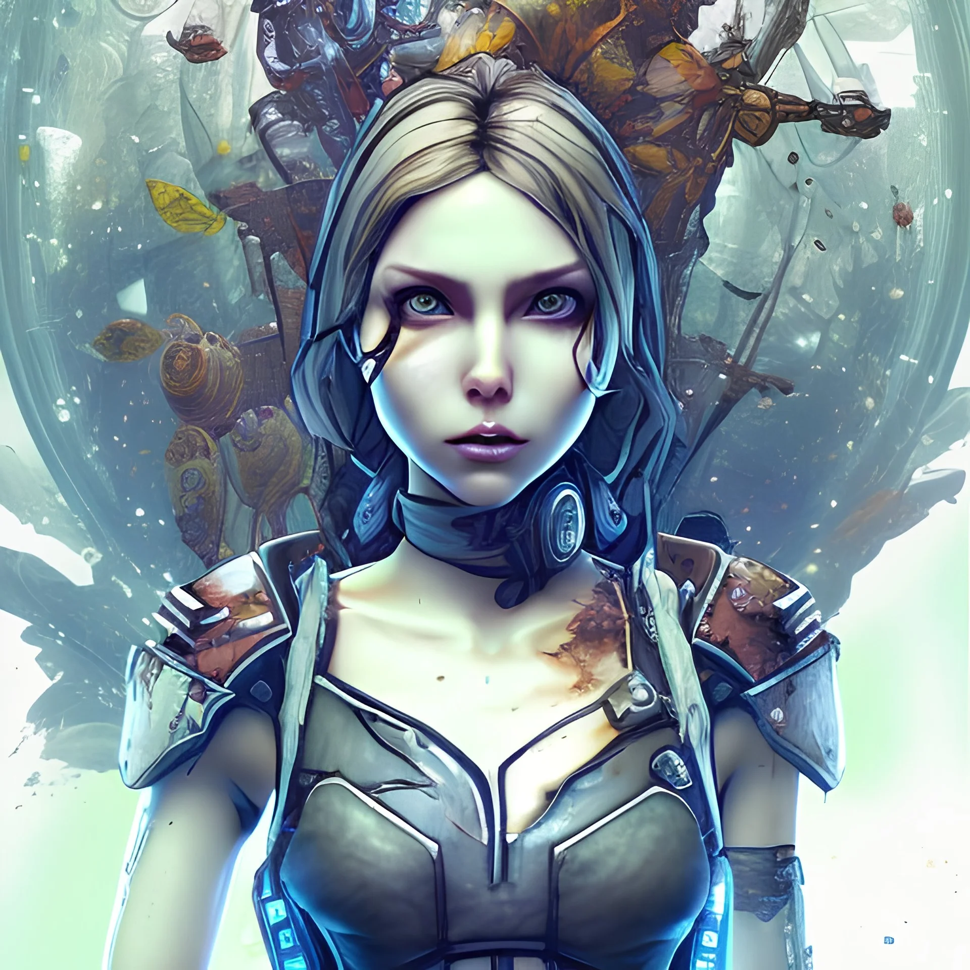 cute girl,Style Borderlands 2,<Yoji Shinkawa>, watercolor illustration ,singer Danish MØ face, karlan, rusty metal, Dryad, fae, sidhe, ominous, nature, plants, wildflower, facepaint, dnd character portrait, intricate, oil on canvas, retroanime style, cute big circular reflective eyes, cinematic smooth, intricate detail , soft smooth lighting, soft pastel colors, painted Renaissance style,cyberpunk,Abstract,steampunk,