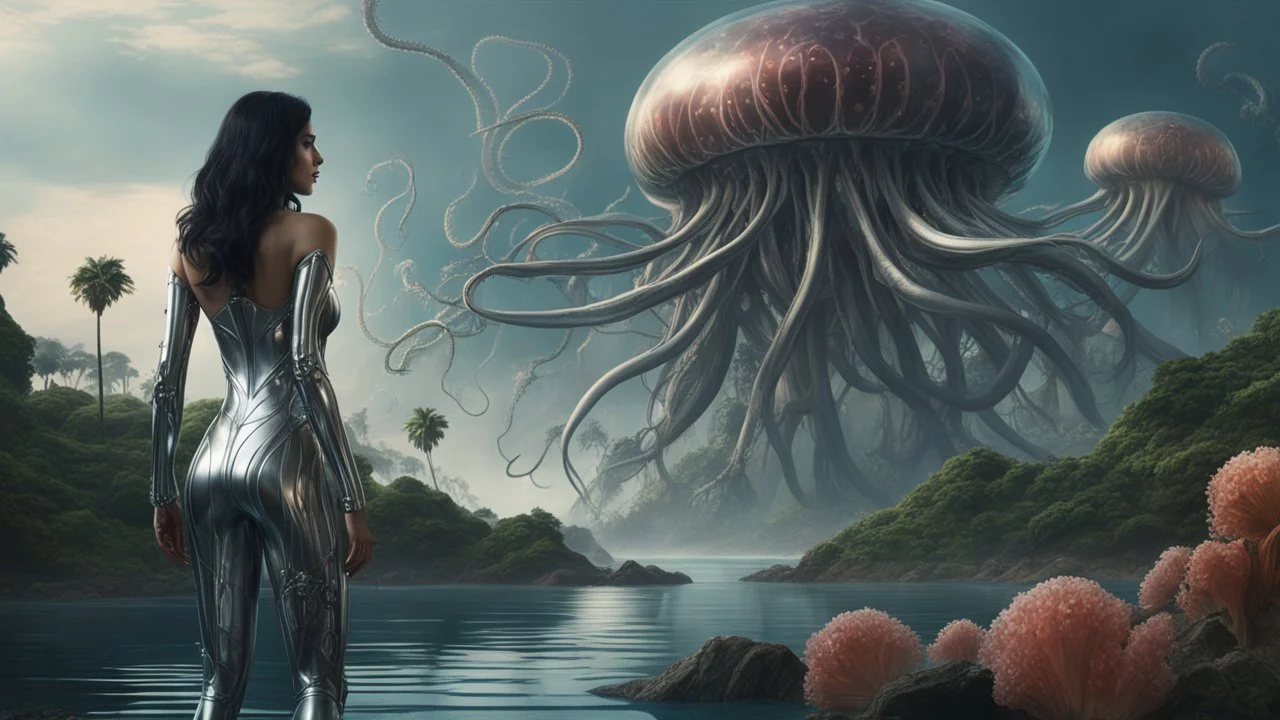 Detailed matte painting of a wide-angle shot of a woman, standing on the left side of the shot, with dark hair in a silver robotic catsuit, many large floating jellyfish with octopus tentacles, alien jungle trees in the distance, with an alien beach and lake, deep colour