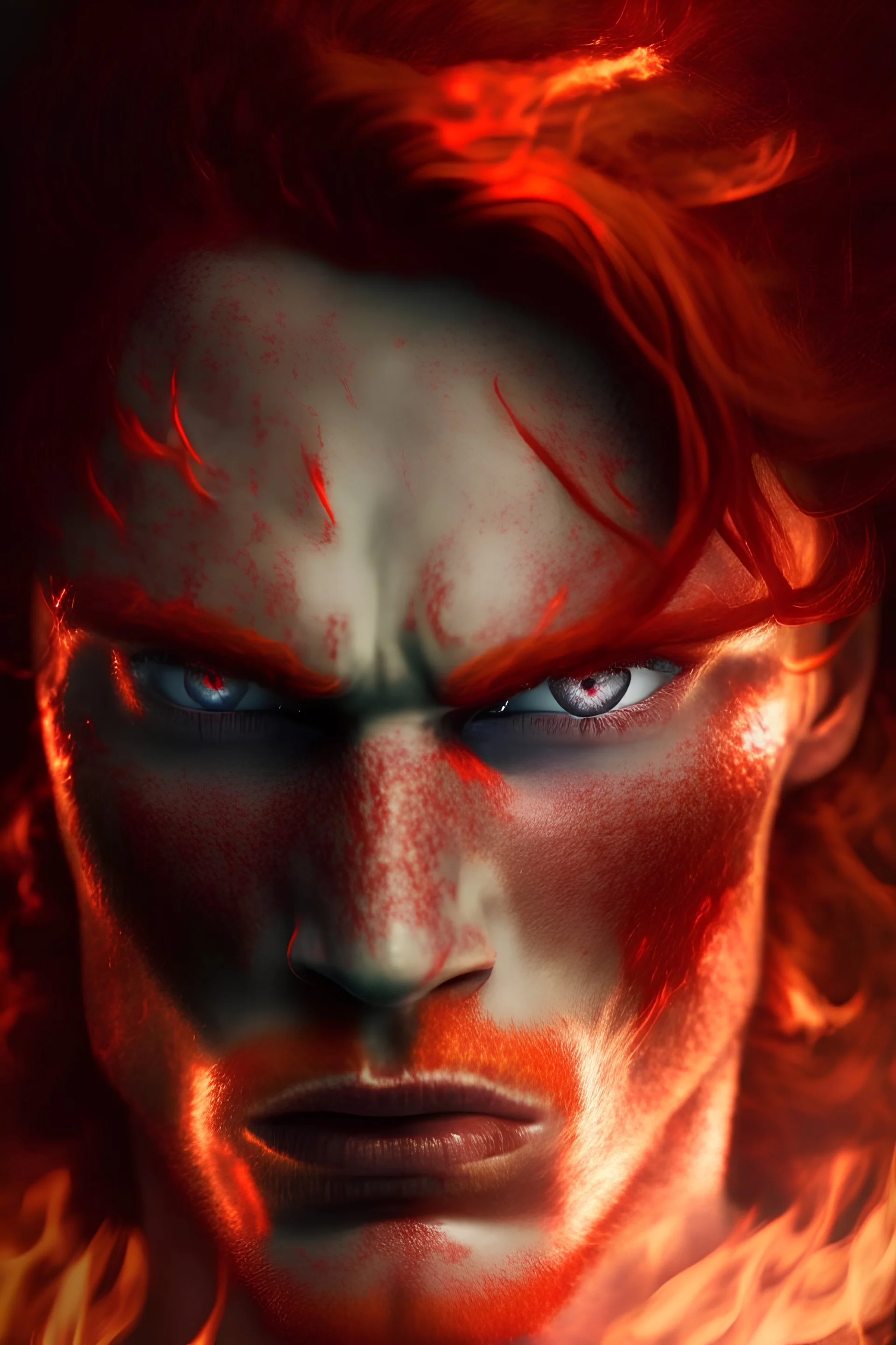 a man with fiery red hair and fiery red eyes burning with passion.
