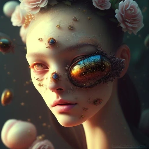 old cracked skulls, flower beautiful girl,utra realistic,highly detailed, masterpiece, sharp focus, insanely detailed, honeybee, fantasy art, intricate detailed, elegant, fog, Special Lighting, Vibrant, color Scheme, forest, unreal engine 5, trending on artstation