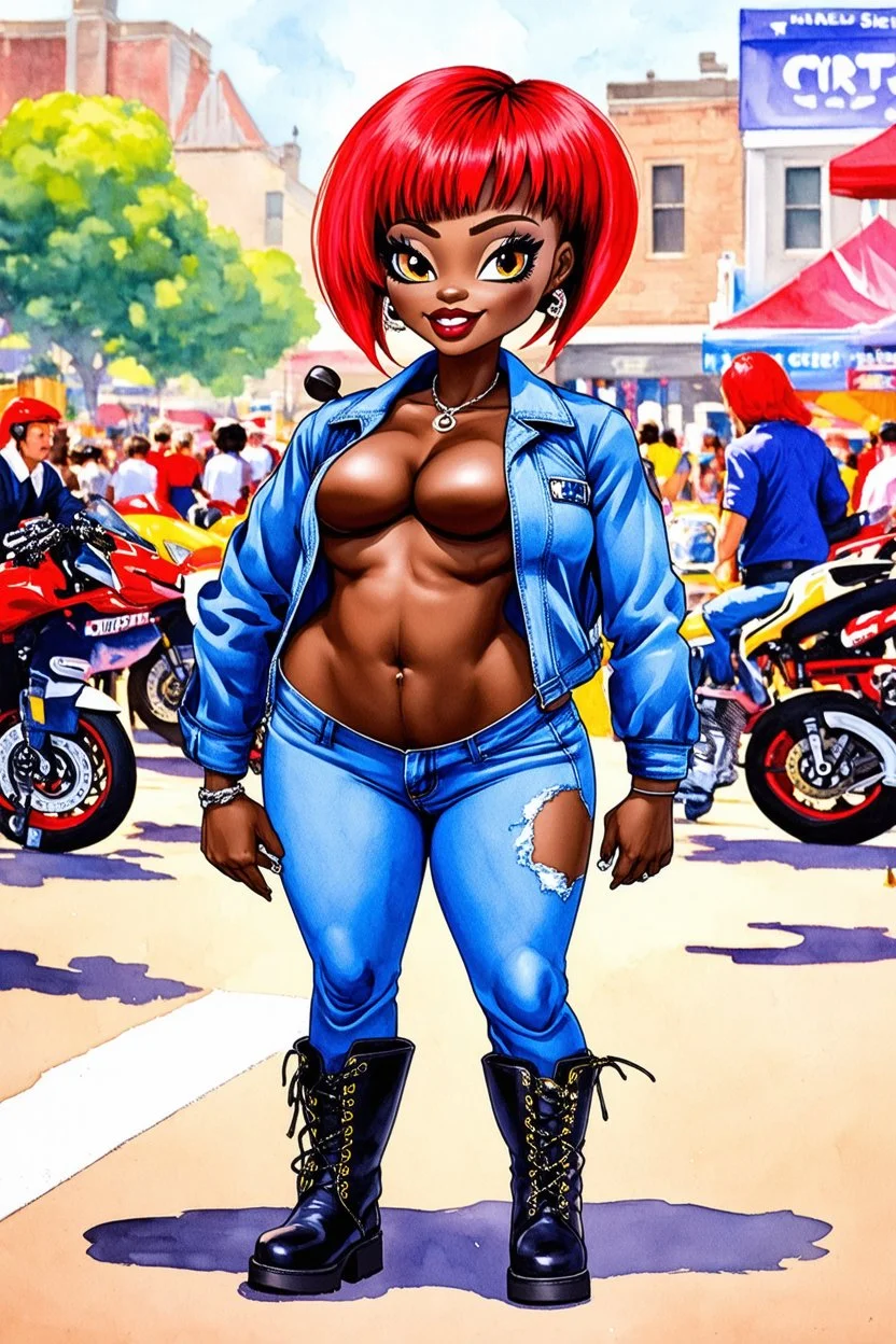 watercolor illustration of the chibi cartoon character, a voluptuous black female in a blue jean outfit with biker boots. Her prominent makeup and hazel eyes, along with her detailed red pixie haircut, are featured in this image, set against the background of a lively bike show.