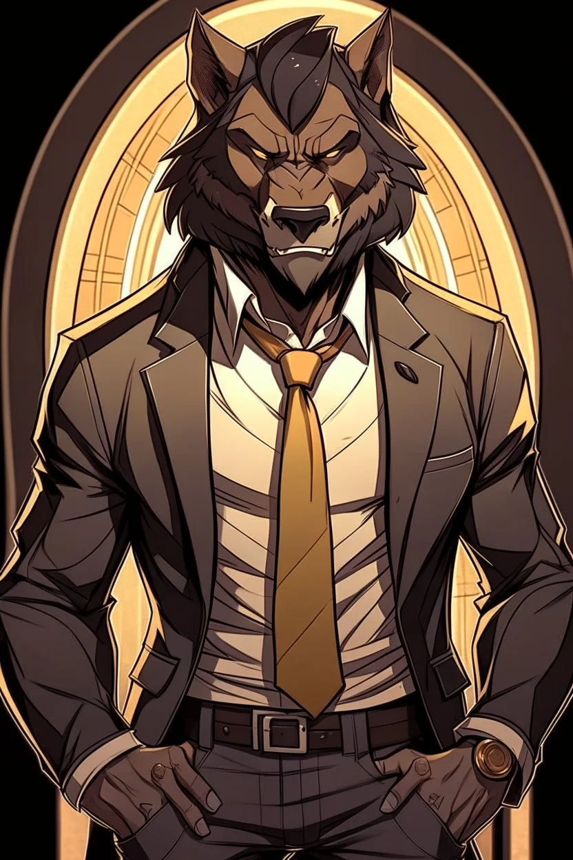 Buff, anthro, wolf, himbo, black fur, gold eyes, wearing a suit, full-body, muscles, strong, muscular, man boobs, bulky, tail, dark fur, smug grin, hands on hips, furry-himbo, broad shoulders, wide hips,