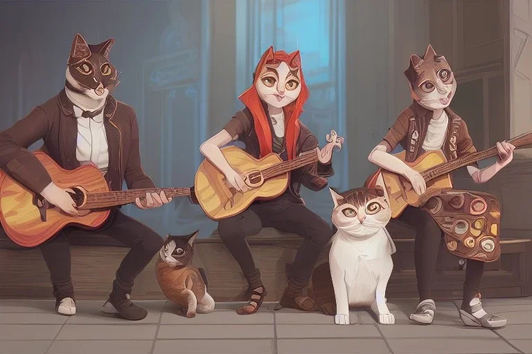 Group of three mature cats musicians, one cat playing guitar, one cat playing drums, one cat holding microphone and singing, street, Vienna, smiling, sunny day, model style, hyper realistic, extremely accurate, delicate, extremely detailed, Graphic novel style, wide-angle, open aperture, superfine pencil