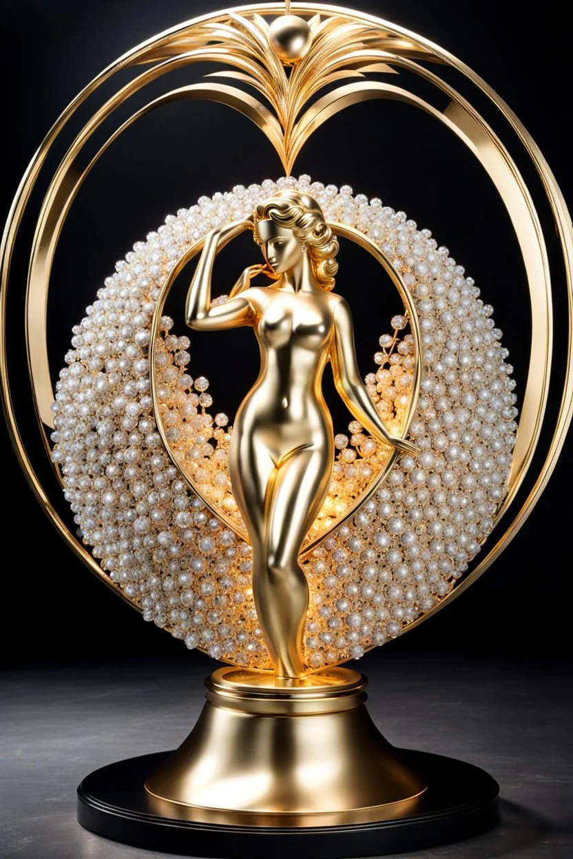 A magnificent cristal and gold heart-shaped sign adorned with a stunning berliant sphere encrusted with sparkling diamond clusters at its center, elegantly spinning in position,a golden statue of a girl in standing pose