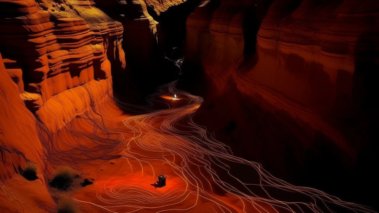 A dark orange colored canyon with batteries and high voltage grounds designed in native American petroglyphs painted by Vincent van Gogh