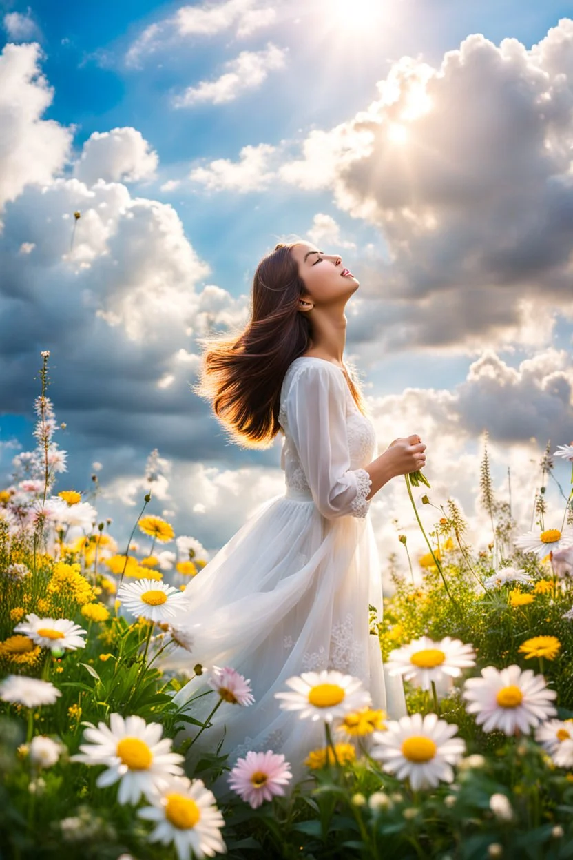 romantic environment heaven flowers clear nice clouds ,young girl gracefully whispering her lovely joy,full body shot.