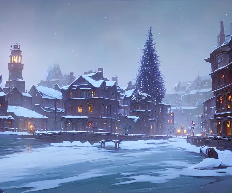 A magical snowy town with river canals and a Christmas tree