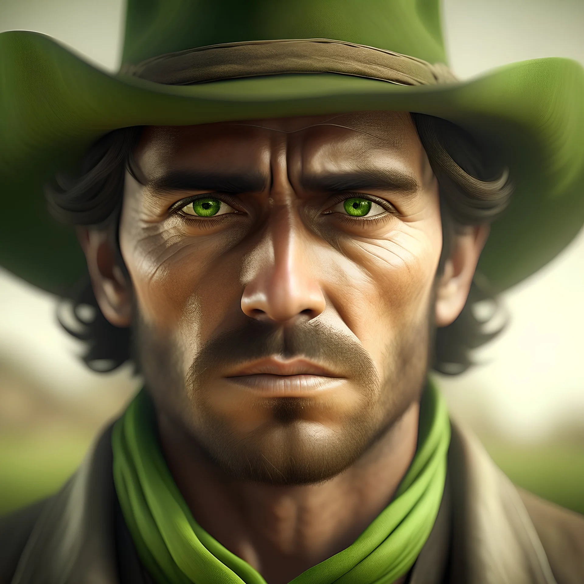 imagen de estilo realista de un hombre gaucho, de ojos de color verde, puesto en primera plana. Contraste suave.