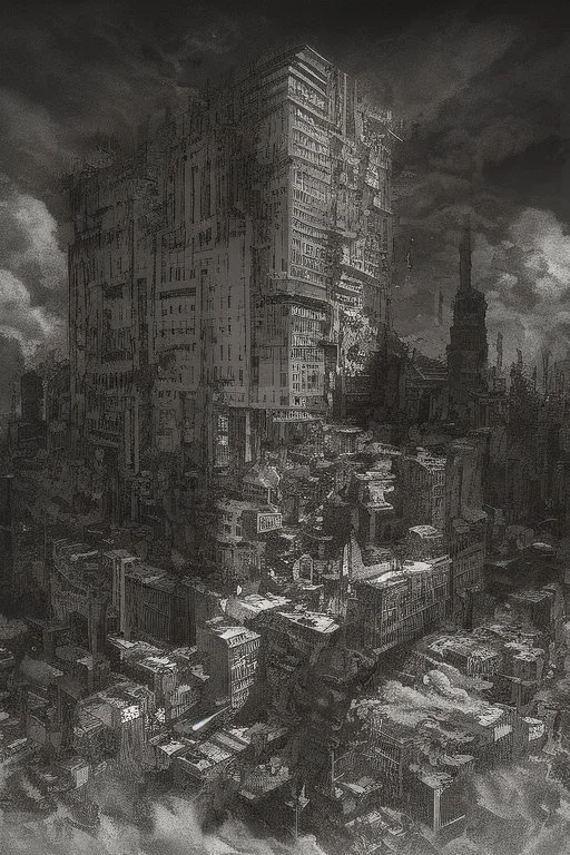 surrealis monochrome A fragmented, surreal sculpture liguid color of photorealistic image 3d,psychedelic art glossy emerging from devilish a crumbling New York building. The face appear and intricate details, evoking a haunting expression. set against a backdrop of stormy, cloud-filled skies. bauhaus art The overall tone is dark and moody, suggesting themes of decay and transformation.