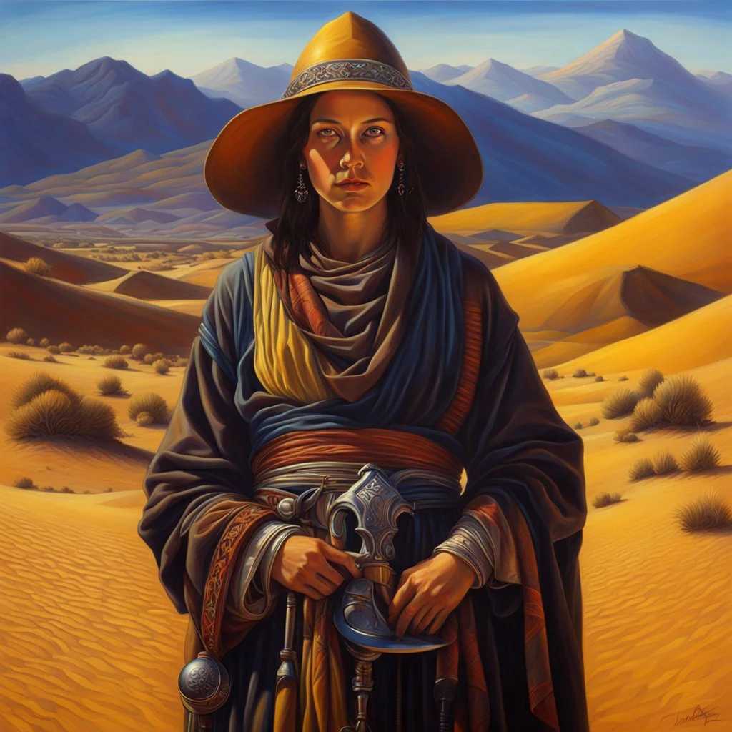 create a classical-abstract-realist sci-fi fantasy full body portrait painting of a nomadic tribal shepherdess with highly defined facial features, in an arid desert landscape in the style of Donato Giancola, Hans Memling, Titian, and Caravaggio, 8k, highly detailed, otherworldly and fantastic