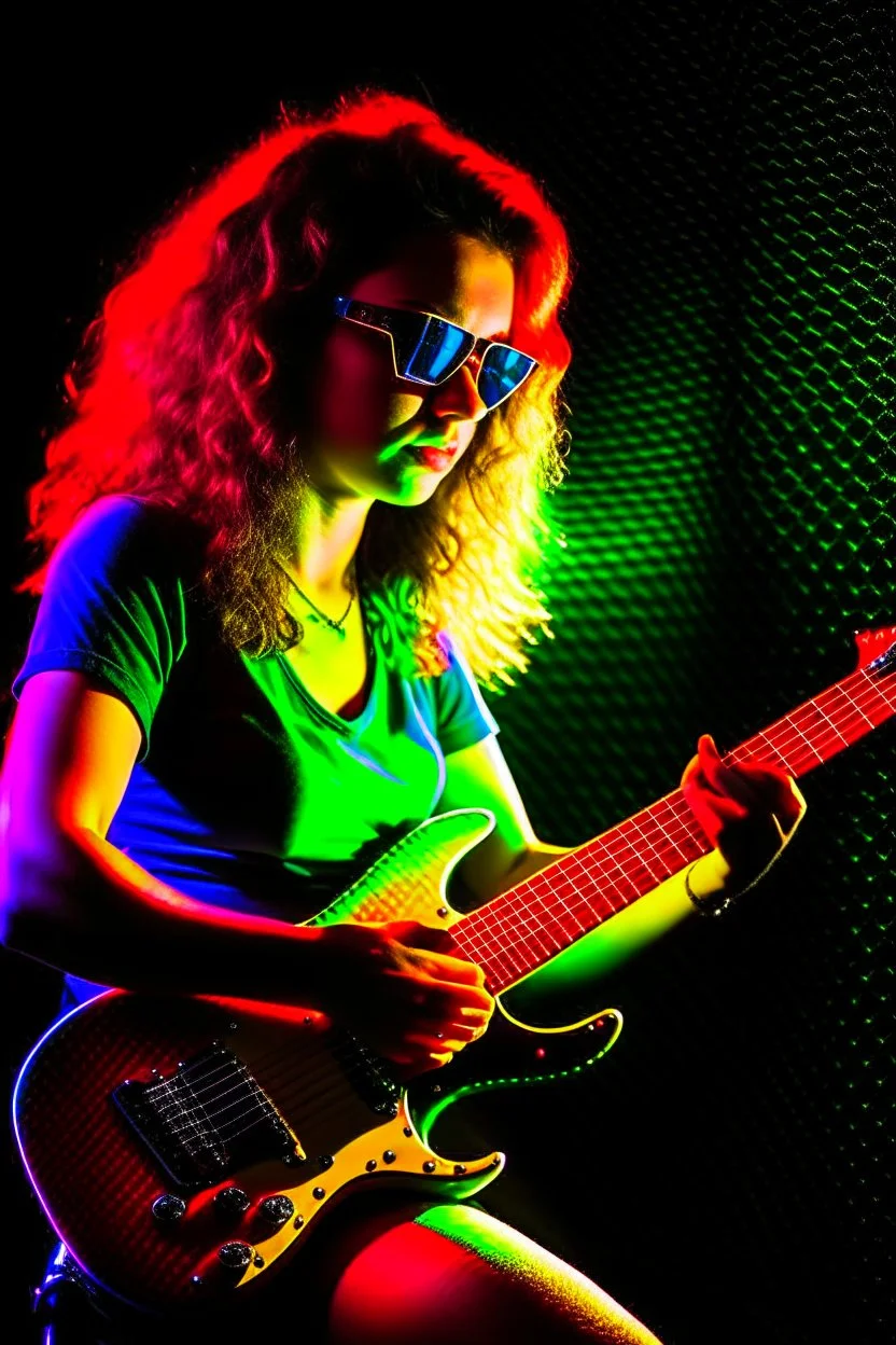 sweat rock babe, new age heavy rock, depth of field, reflective guitar, downlight, lazer show