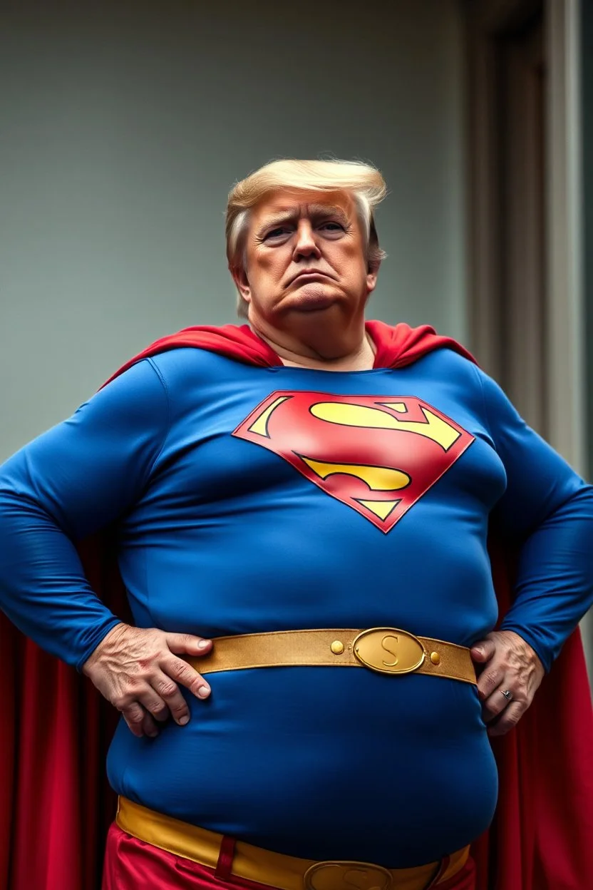 a thoroughly confused, frail, elderly and obese donald trump standing dressed as superman