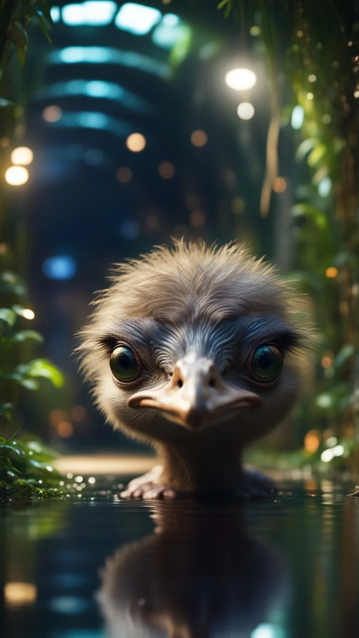 Ostrich turtle with friendly cute face and hair locks in dark lit reflective wet jungle metallic hall dome hotel tunnel, in the style of a game,bokeh like f/0.8, tilt-shift lens 8k, high detail, smooth render, down-light, unreal engine, prize winning