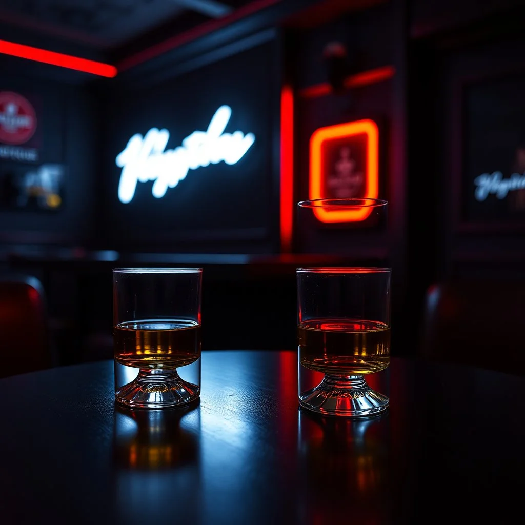 a table showing two whisky glasses in a dark room, red neon hues