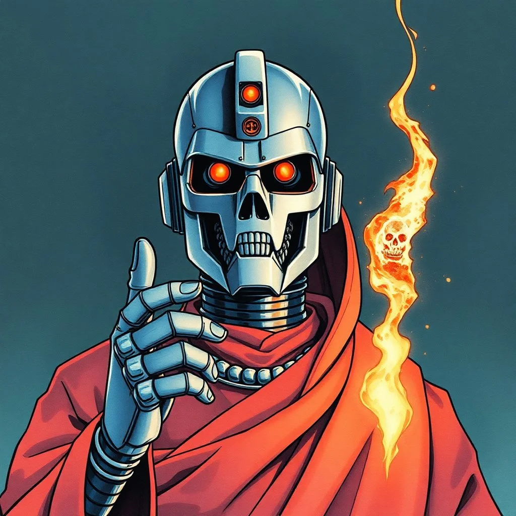 retro anime style, full color, dark serious 1980s anime terminator like robot, moebius artist, magic, watercolor, buddist monk robe,
