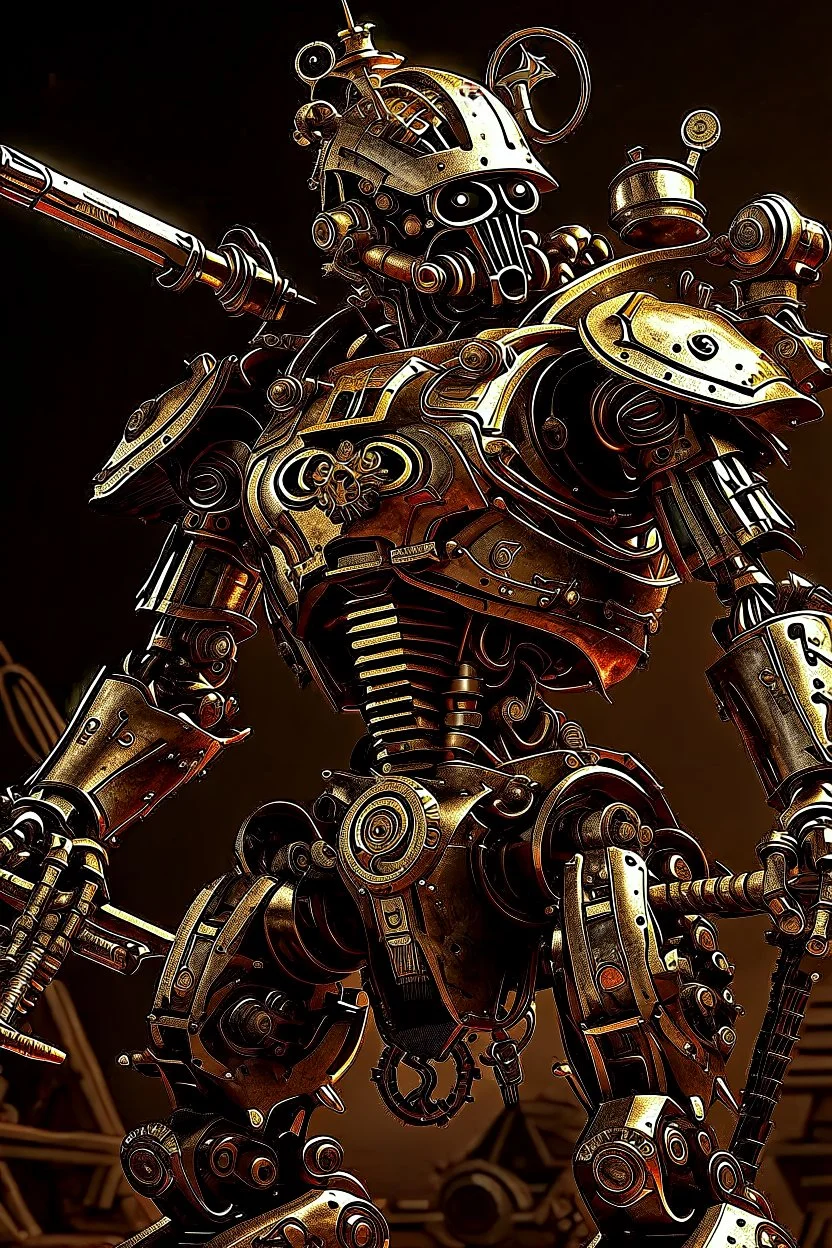 steampunk warrior robot with a big, complicated and detailed mechanical sword in a battlefield. Masterpiece, hyper detailed, details, battlefield, dramatic, dramatic lighting