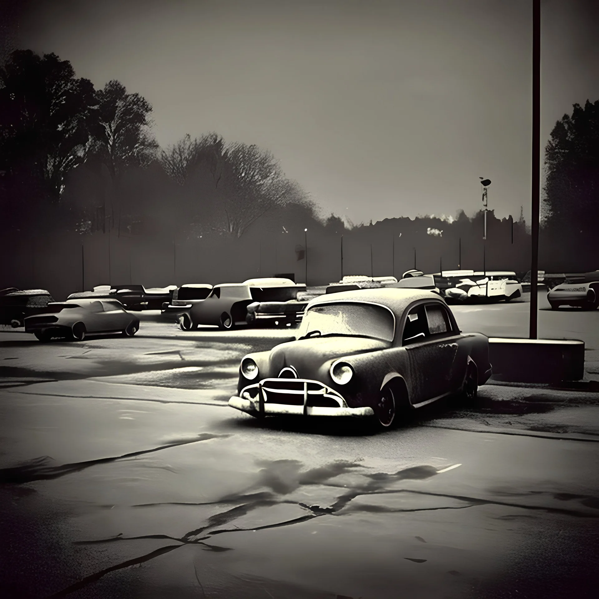 "Create a liminal image reminiscent of a nostalgic dark parking lot, where the dimly lit surroundings evoke a sense of eerie nostalgia and the empty spaces hint at stories untold. Capture the interplay of shadows and light, with flickering street lamps casting long shadows across cracked pavement, while vintage cars sit motionless, their faded paint echoing memories of a bygone era. Infuse the scene with a subtle sense of anticipation and unease, inviting viewers to immerse themselves.