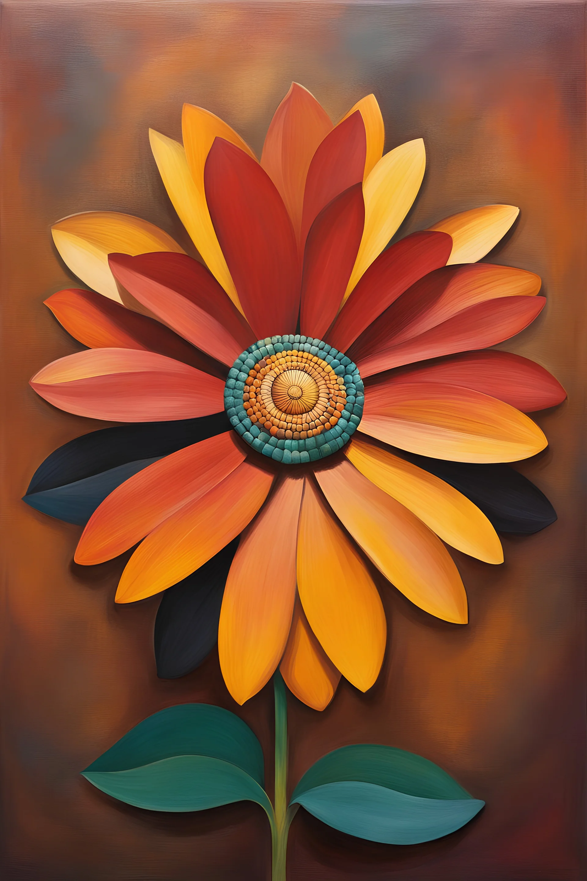 vibrant rich dark colors, Create a minimalist painting of mayan culture single flower, earthen background