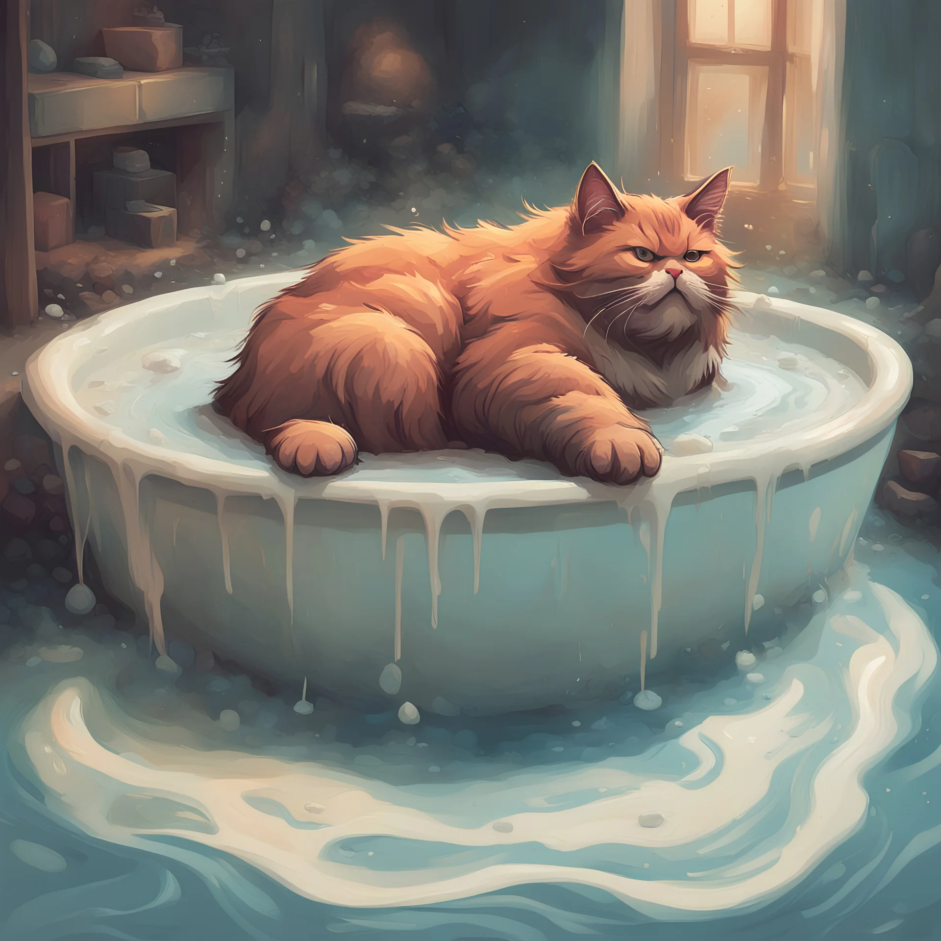 A giant cat taking a bath in liquified troll fat, in orphism art style