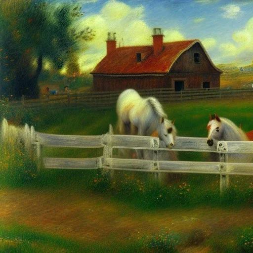 shetland pony, fence, field, oil painting, by Renoir, summer daytime