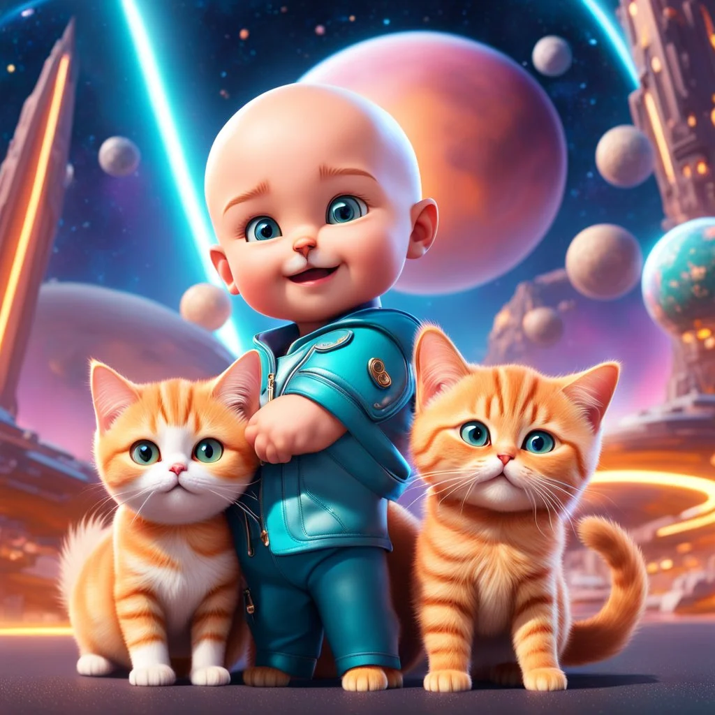 (masterpiece, best quality, 8k, RAW photo, beautiful and aesthetic:1.2), complex detail, Indirect light, photorealistic, (((full body))), 2 Cosmic Boss Baby style, bald boy and girl smiling, long curved blonde hair , with a ginger cat companion, colorfull Sci-Fi environment