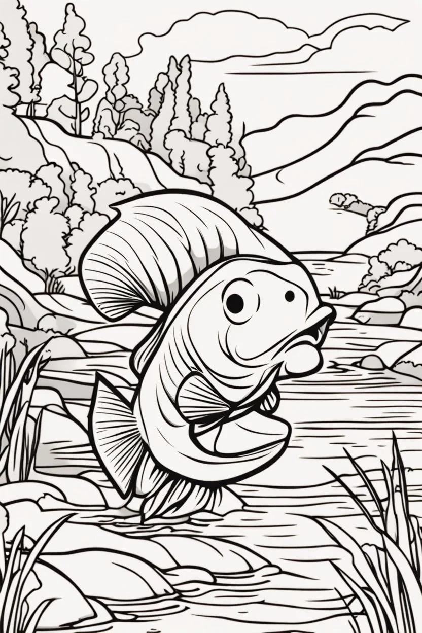 coloring page, fish in a creek, cartoon style, thick lines, low detail, no shading