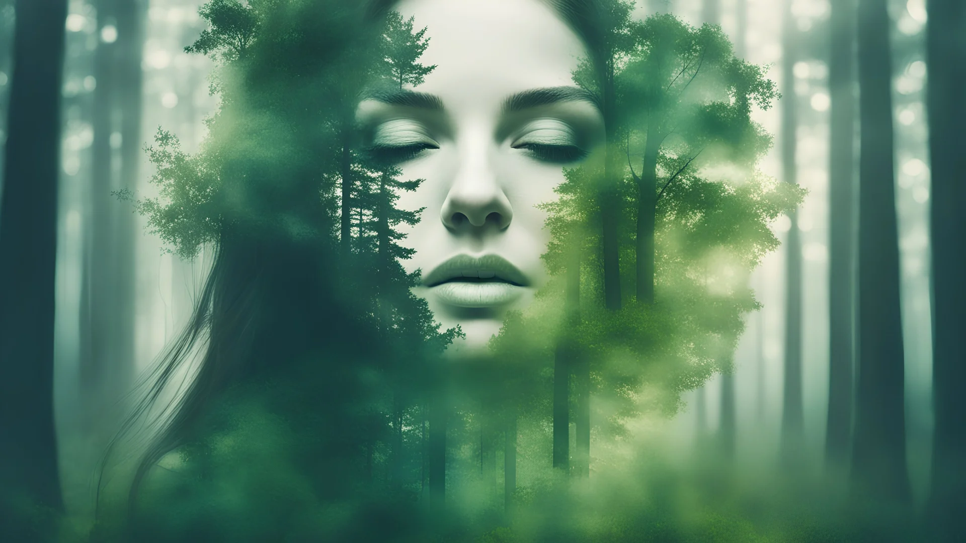 Double exposure portrait of woman blended with nature, forest trees form face, creative art of beauty and tranquility, abstract girl profile in green woods