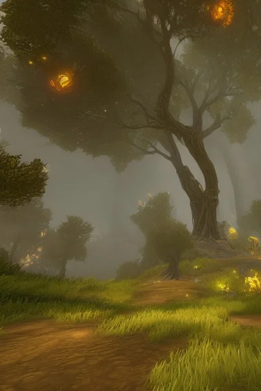 world of warcraft, r crumb, scenery, unreal engine 5, rtx, warcraft 3, ashenvale, teldrassil, unreal tournament, dues ex videogame,mmo, 2004, overcast, misty, cloudy