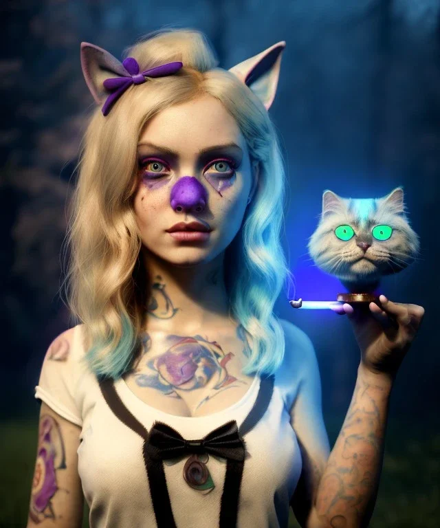 Ultra realistic photo, happy couple, blonde Alice woman and purple cat smoking a pipe, circus blue dress style, black headband with bow, old school body tattoo, smoke, marihuana garden, glow eyes, perfect iris, soft color, highly detailed, unreal engine 5, ray tracing, RTX, lumen lighting, ultra detail, volumetric lighting, high definition.