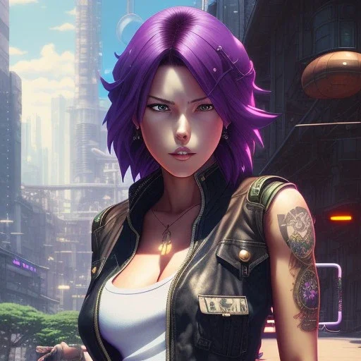 revy black lagoon, purple hair, black tank top, jean shorts, tribal sleeve left arm, portrait shinkai makoto, studio ghibli, studio key, madhouse anime studio, artgerm, lau rossdraws james jean marc simonetti pixiv