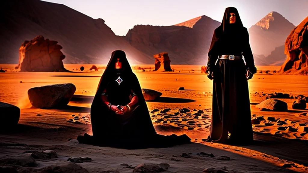 a woman in blood warring black in the desert surrounded by men and women through stones on her.