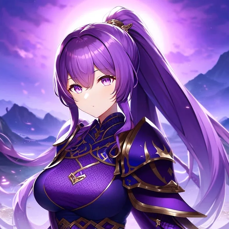 girl, masterpiece, best quality, cinematic lighting, detailed outfit, perfect eyes, purple hair, purple eyes, long hair, ponytail, landscape, in a fantasy world with armor-plated clothes, with a mystical background, glowing effects, with intricate patterns,