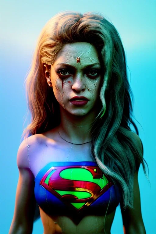 portrait, Shakira, make-up, angry, Realistic image, retro pop, 60s, supergirl, blood, sweat, fog, goddess. Black background, photo studio, concept art, smooth, unreal engine 5, god lights, ray tracing, RTX, lumen lighting, ultra detail, volumetric lighting, 3d, finely drawn, high definition, 4k.