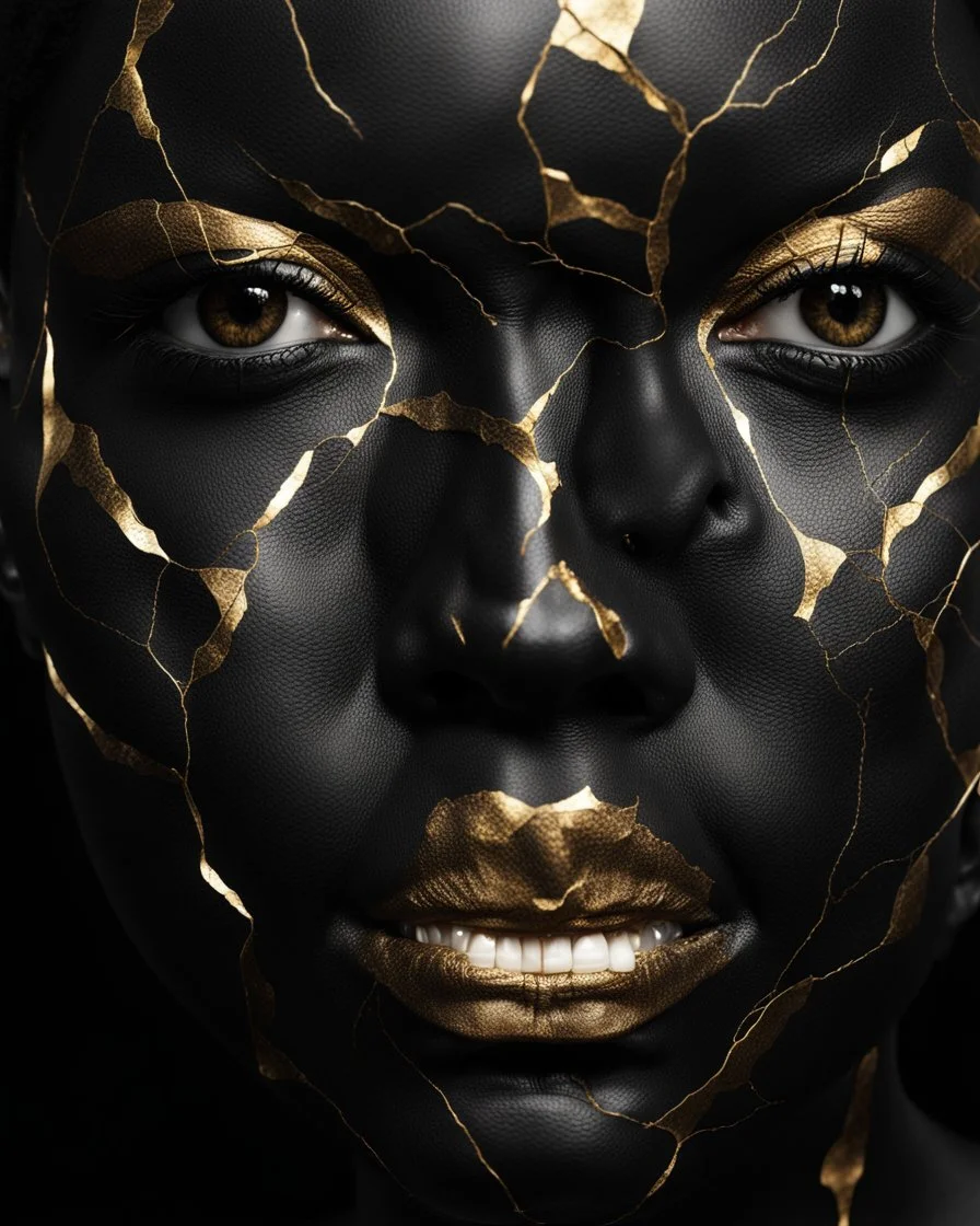 a beautiful black woman face made of kintsugi seam, photo realistic, 16K