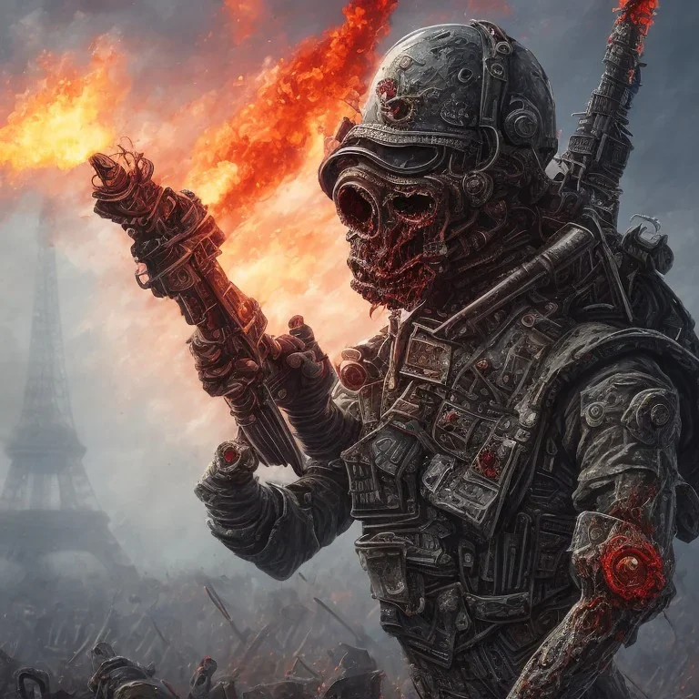 fantassin zombie utilise lance flammes, bonbonnes napalm dans le dos, yeux rouges, Tour Eiffel en fond. Uniforme noir sale et déchiré. deux bras. deux jambes, un torse, un visage. iron maiden. 4k. Rue de la ville de paris. Rue en flammes.