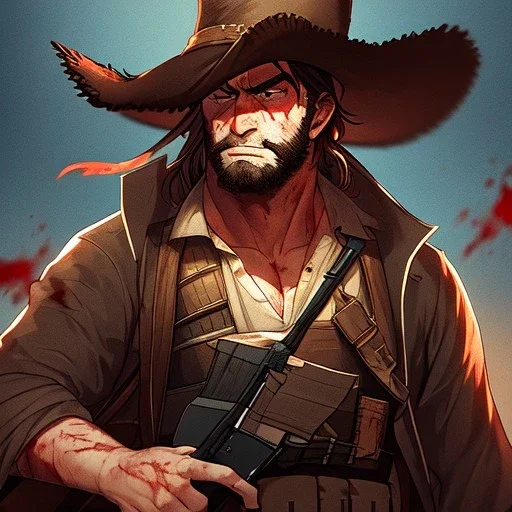 Portrait, bearded, Gunslinger, Cowboy, cowboy hat, serious face, Blood Splatter