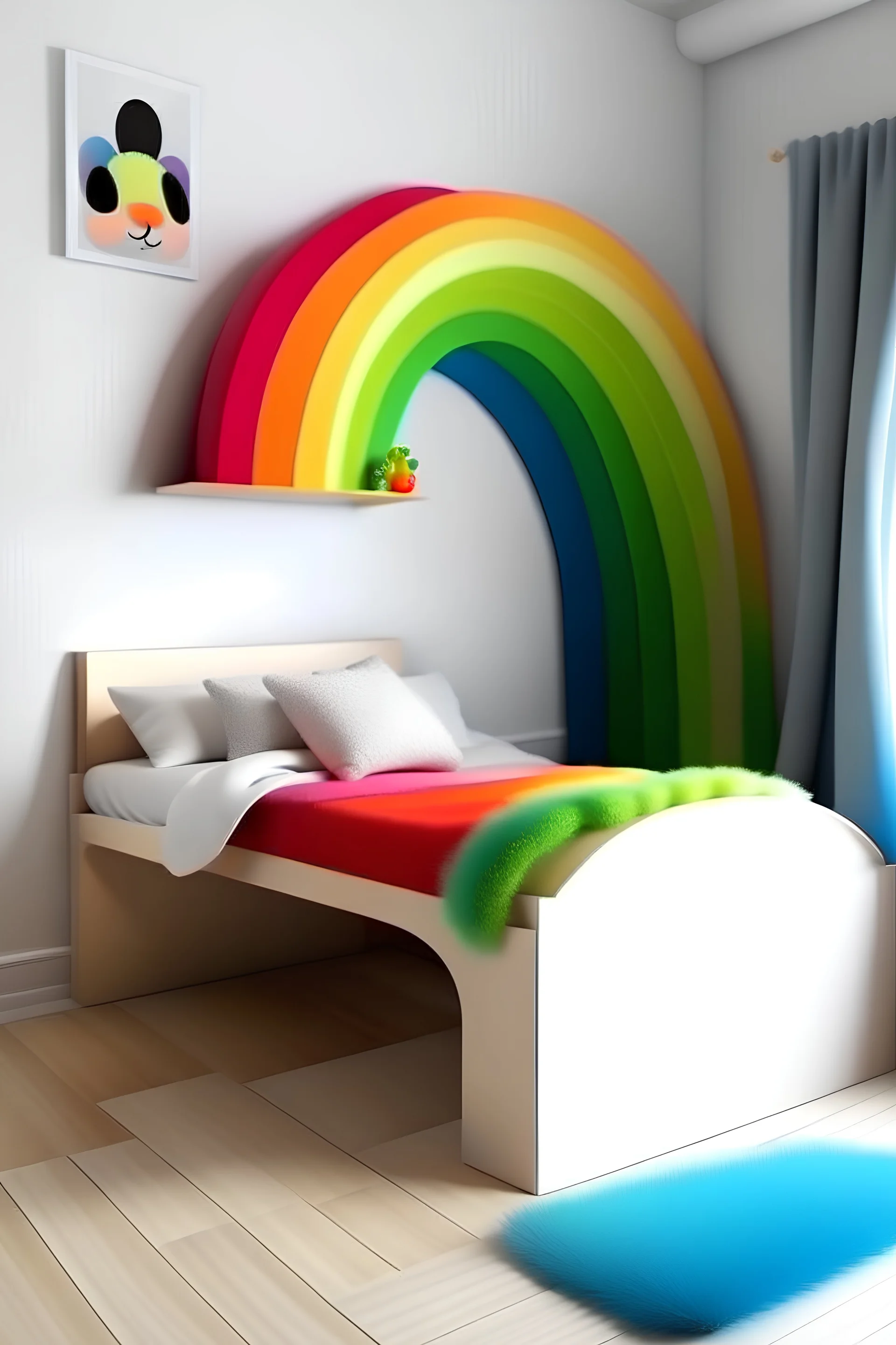 Nordic spruce Kids bed with a big fur rainbow headboard