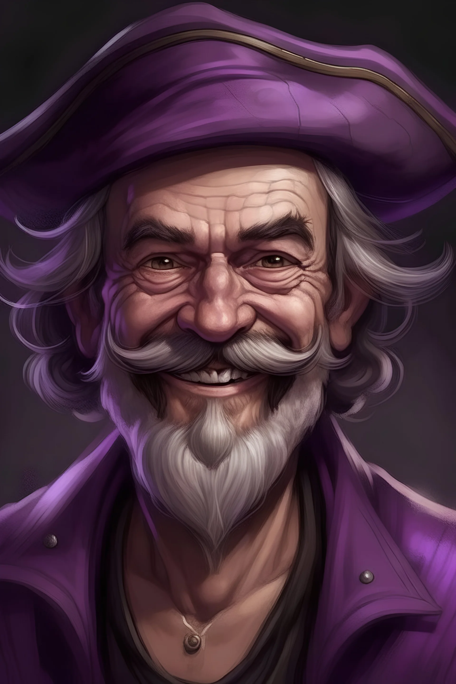Old pirate man in purple clothes, with black hair, black thin mustache, one eye, big hat and mad smile