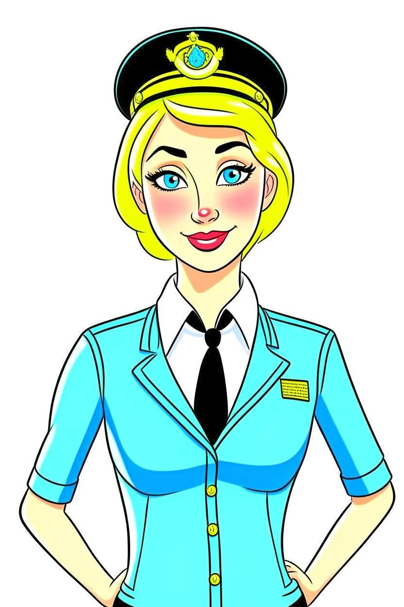 cartoon of a feminine blonde stewardess in light blue uniform