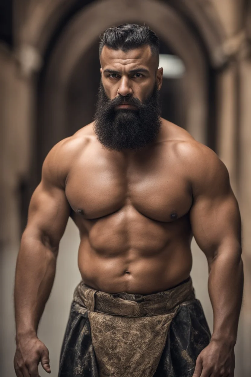 full figure shot photography of a burly ugly 30 year old italian boxer with big broken nose, very long muslim black beard, muscular beefy man shirtless, manly chest, big shoulders, shaved hair, bulge, photorealistic