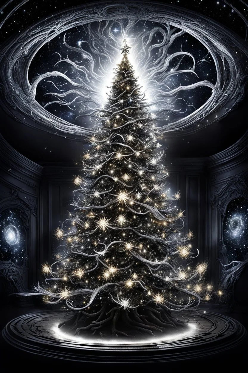 a beautiful illuminated silver and white light Christmas tree stands in a dark room, dark furniture outline visible, few glimmering lights, the ceiling opens and a swirling, terrifying vortex inside claws, stars, planets, demonic eyes, scary, dark atmosphere, deep colors, small details , surreal, thriller, nightmare, masterpiace