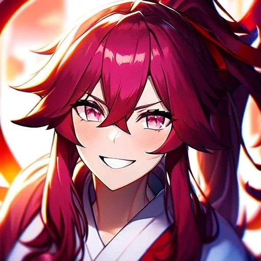 Clear focus, 8k, beautiful lighting, vibrant colors, girl, pink long hair, vibrant pink eyes, miko, ponytail, hair in between the eyes, up close, laughing, angry, messy hair,