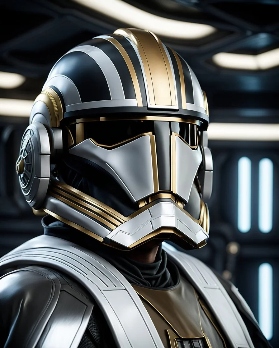 star wars bald male corellian pilot wearing pearlescent black and gunmetal grey First Order special forces armor and helmet with gold trim inside the jedi temple, centered head and shoulders portrait, hyperdetailed, dynamic lighting, hyperdetailed background, 8k resolution, volumetric lighting, light skin, fully symmetric details