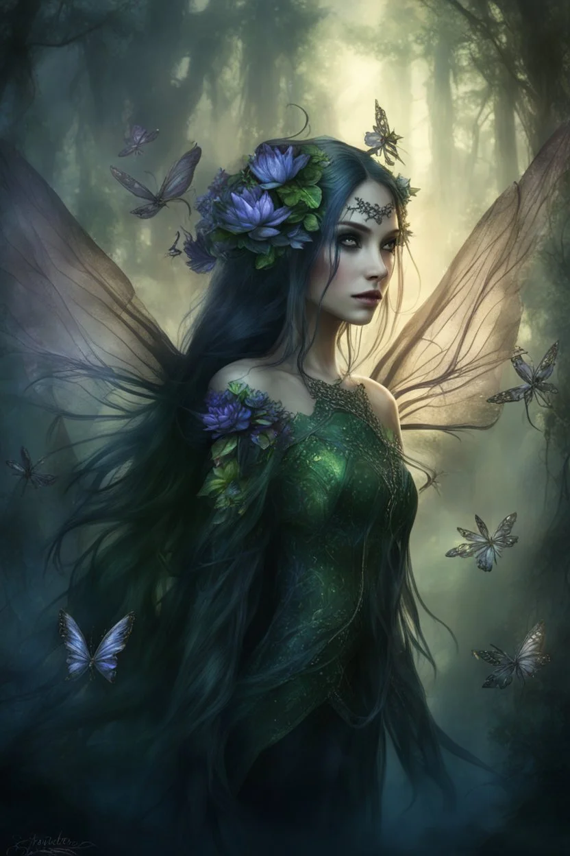 Blomde hair , , dark Fairy wings Purple hair,water lilies,dark fairy princess,nymph,elven crown,dragonflies,tiara,,gothic,glitter,rapunzel hair, very long hair,green eyes,