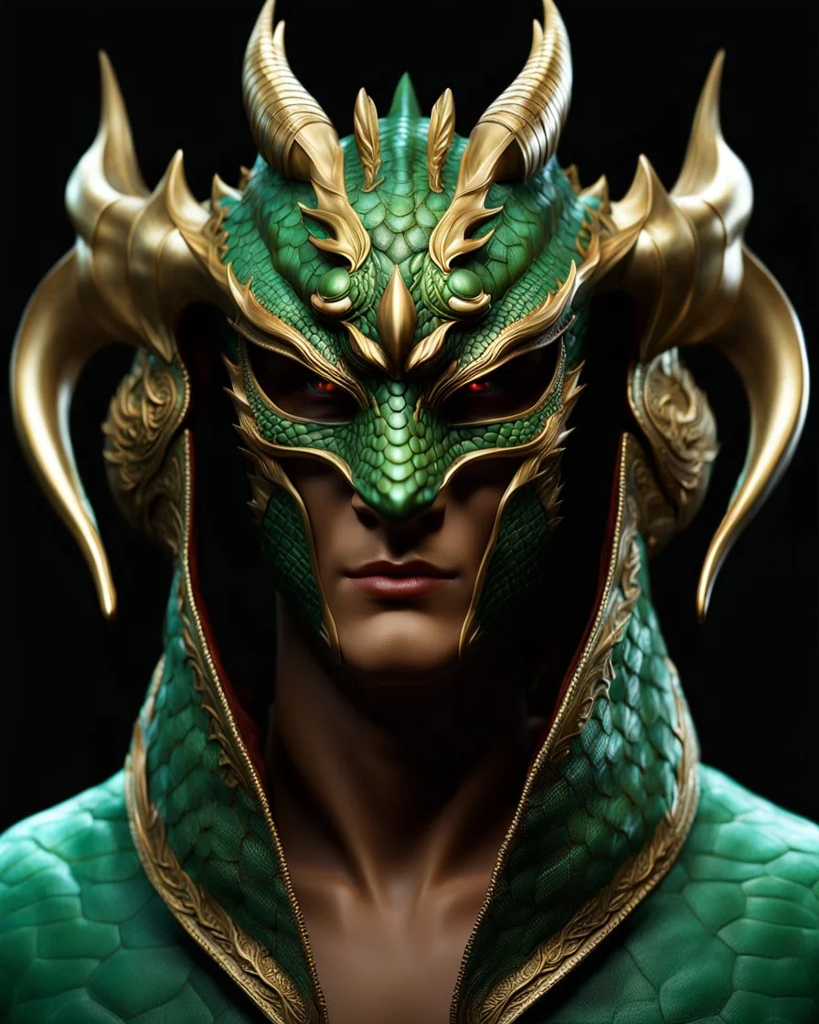 Dragon man with dragon mask over his eyes and forehead, Realistic cool art, 12k, 3d, realistic, full head, full body