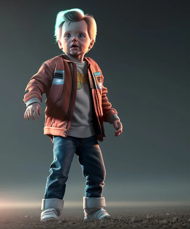 Marty mcfly toddler, full body, delorean, dramatic lighting, hyper realistic