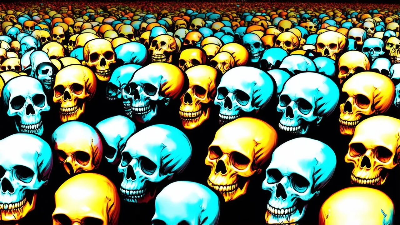 a field of 1000s of cartoonish, anatomically correct, skulls, vivid RANDOM BRIGHT neon colors, dark comedy, well lit, high detail, photorealistic, horrorcore, fun, scary, none featured, each a different color or hue,